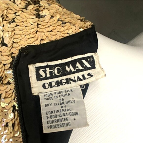 Vintage 80s Sho Max sequin dress opalescent creme black leaf design art nouveau - Picture 4 of 15